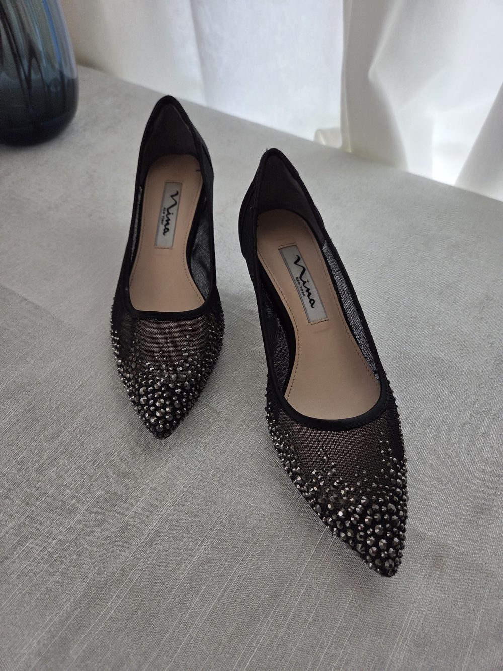 Nina Black Mesh Pointed Toe Flats with Stud Embellishments